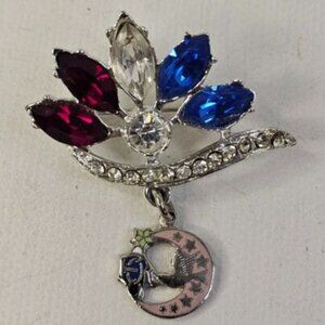 Silver Tone Red Clear Blue Rhinestone Brooch Crescent Moon Dove Pin Unmarked